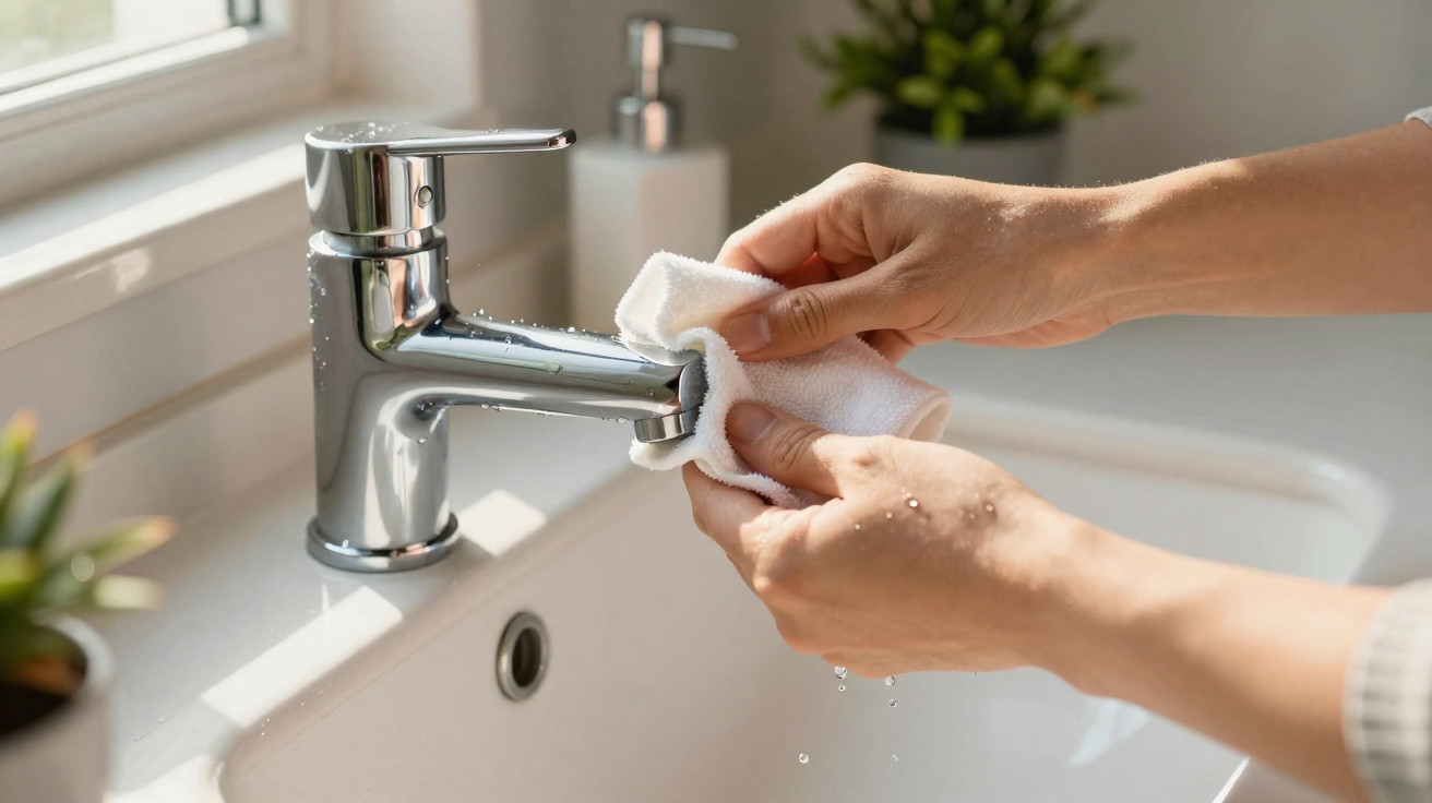 Hands cleaning a chrome bathroom tap with a white cloth over a white sink by a window.