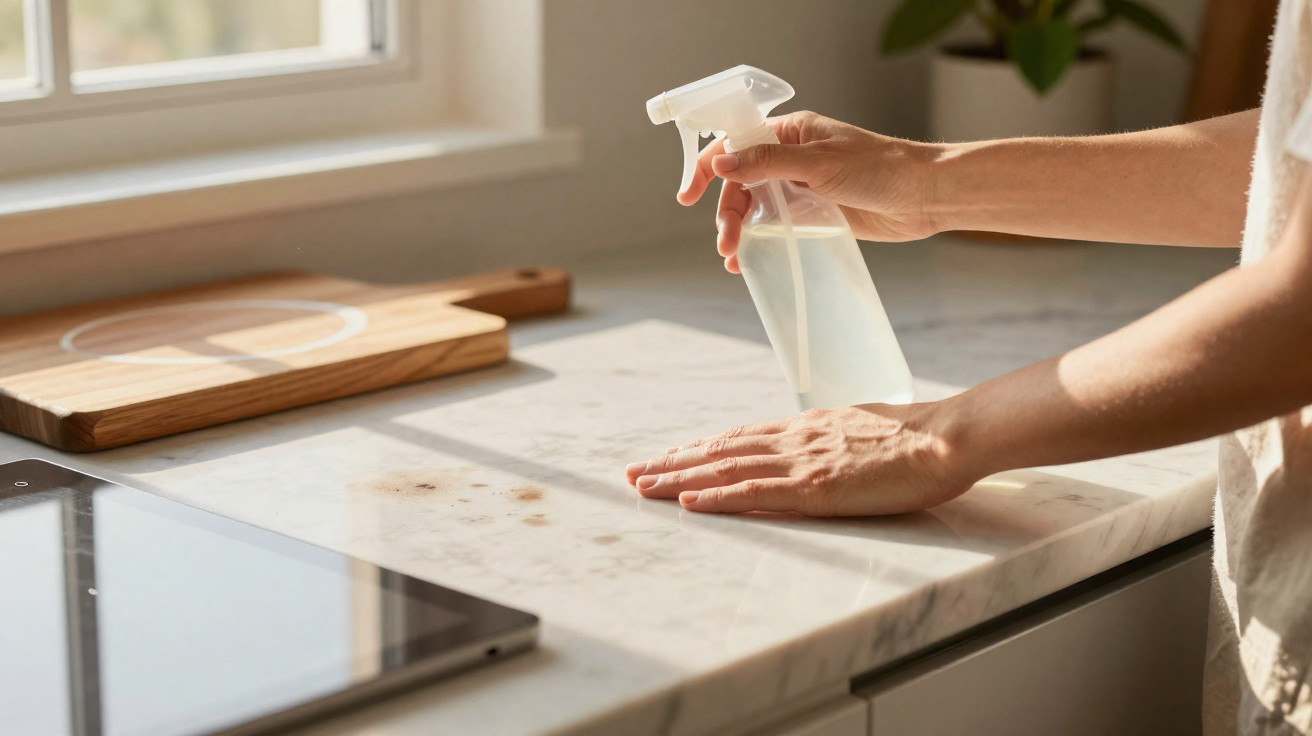 Hands spraying cleaner on a stained marble kitchen countertop near a wooden cutting board.