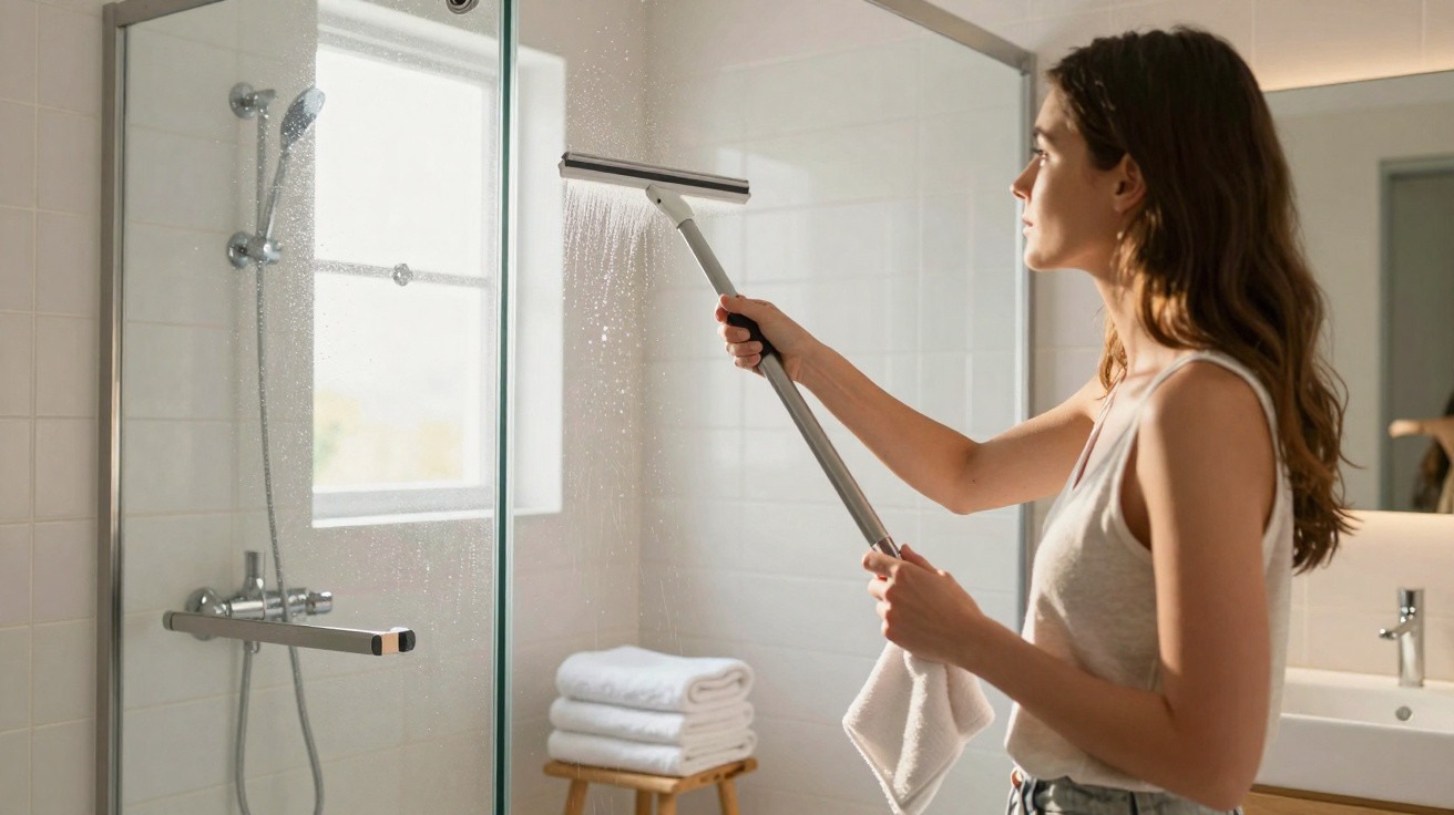 Woman cleaning a glass shower door with a squeegee in a bright, modern tiled bathroom.