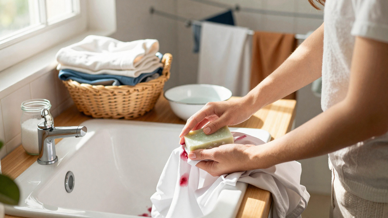 Person applying soap to a white shirt stained with red marks over a bathroom sink with folded laundry nearby.