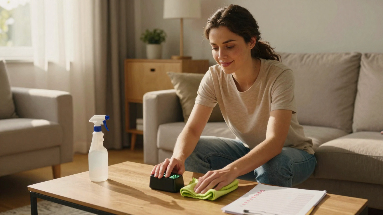 Woman cleaning a wooden coffee table with a green cloth and spray bottle in a cosy living room.