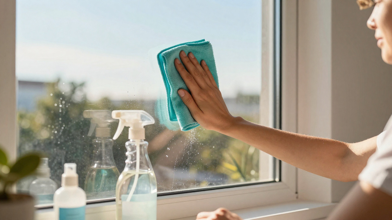 Person cleaning a window with a blue cloth and spray bottles on the sill in natural daylight.