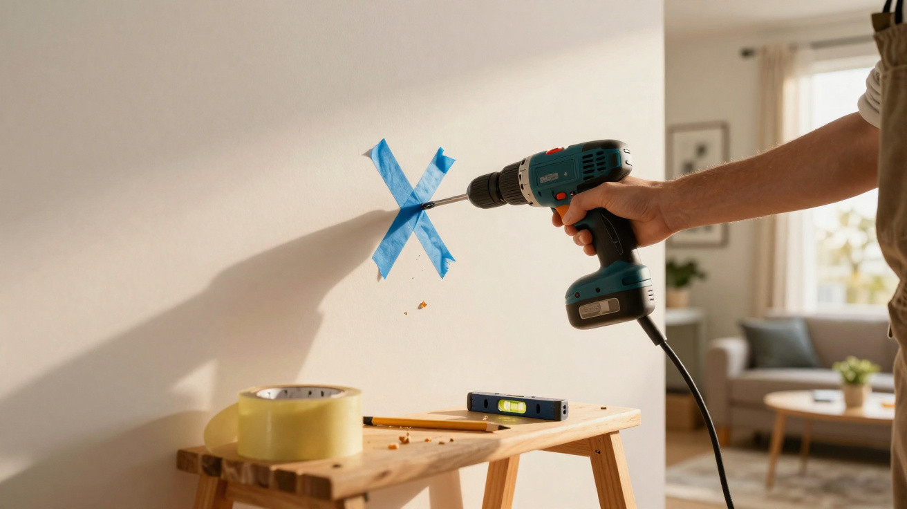 Person drilling into wall marked with blue tape in a bright living room with tools on wooden bench nearby