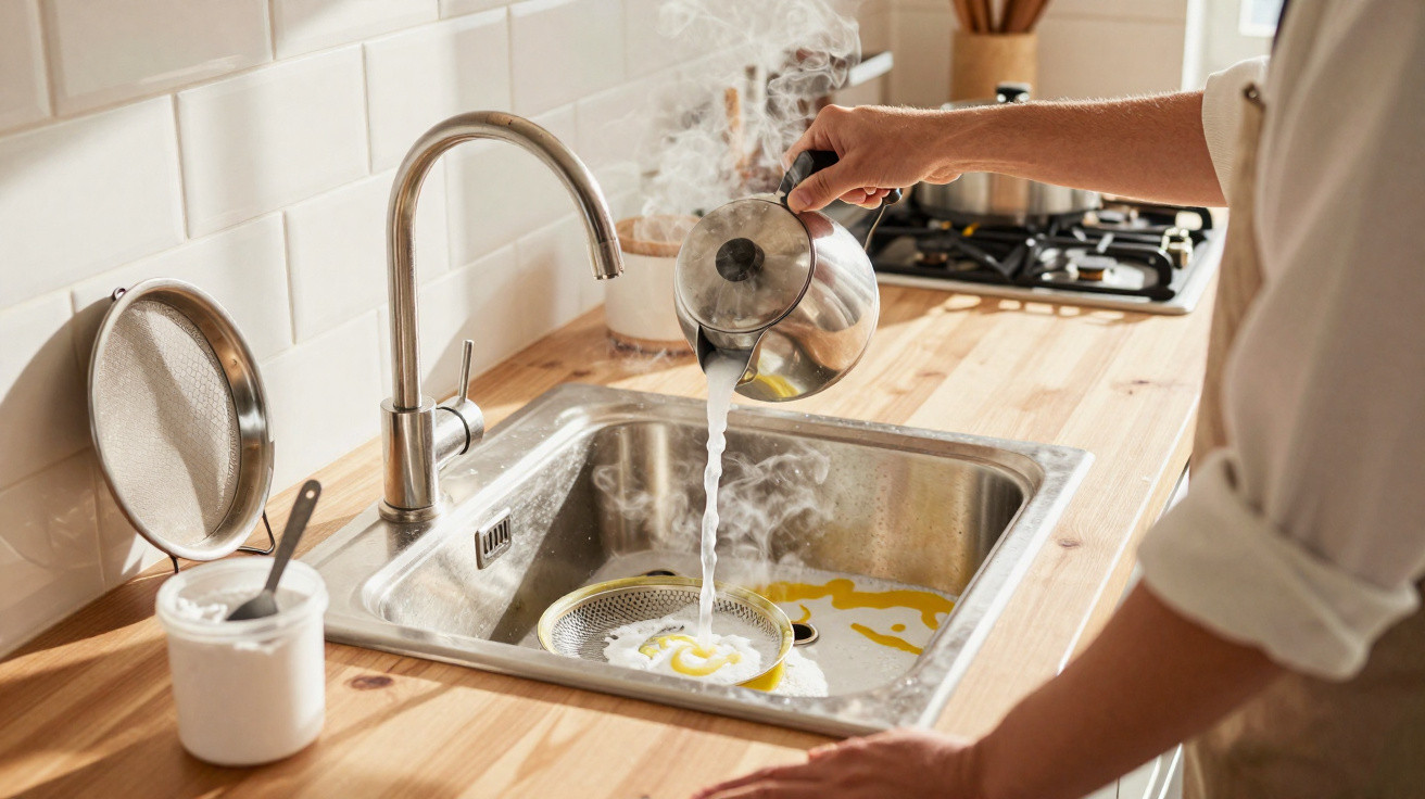 Person pouring steaming hot water into a kitchen sink with a strainer catching food debris.