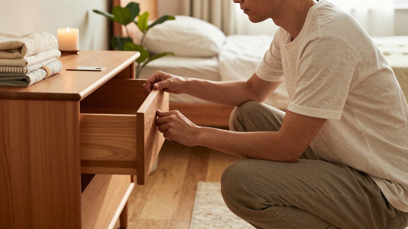 Person opening a wooden drawer in a tidy bedroom with folded towels and a lit candle on the dresser.