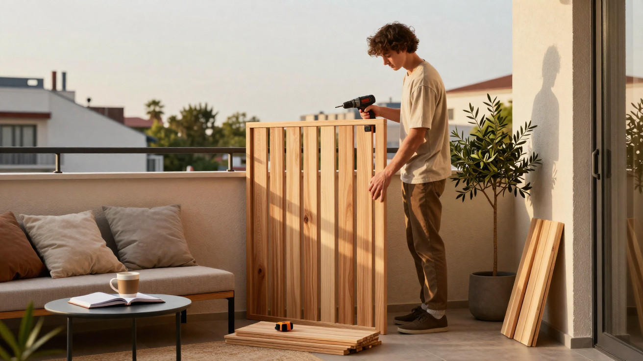 Young man assembling wooden furniture on a balcony at sunset with drill and measuring tape nearby.