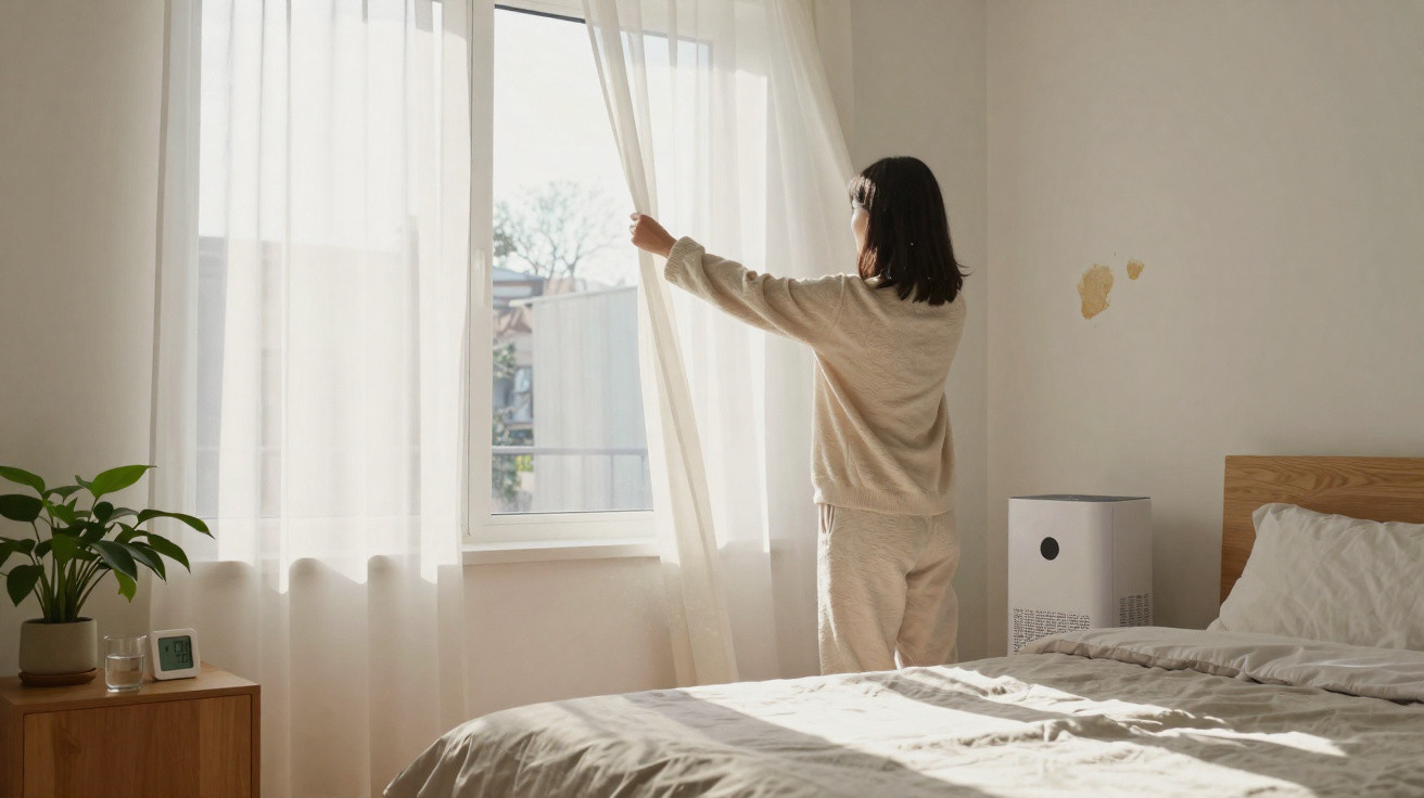 Person in beige loungewear opening sheer curtains in a sunlit minimalist bedroom with a bed and plant.