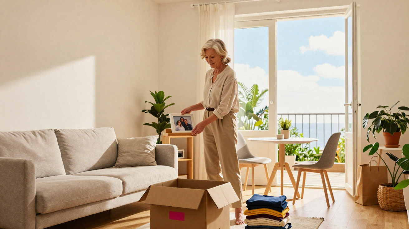 Mature woman packing belongings into a cardboard box in a bright living room with balcony and plants.