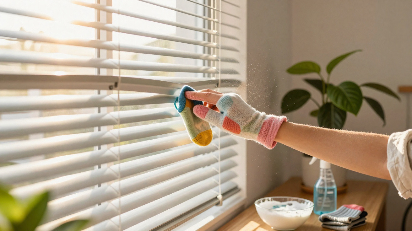 Person wearing colourful gloves cleaning white window blinds with a cloth in a sunlit room.
