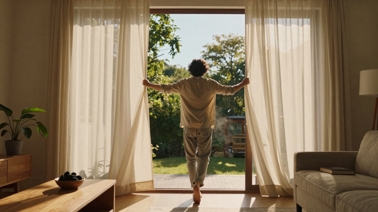 Person standing barefoot in a living room opening sheer curtains to a sunny garden outside.