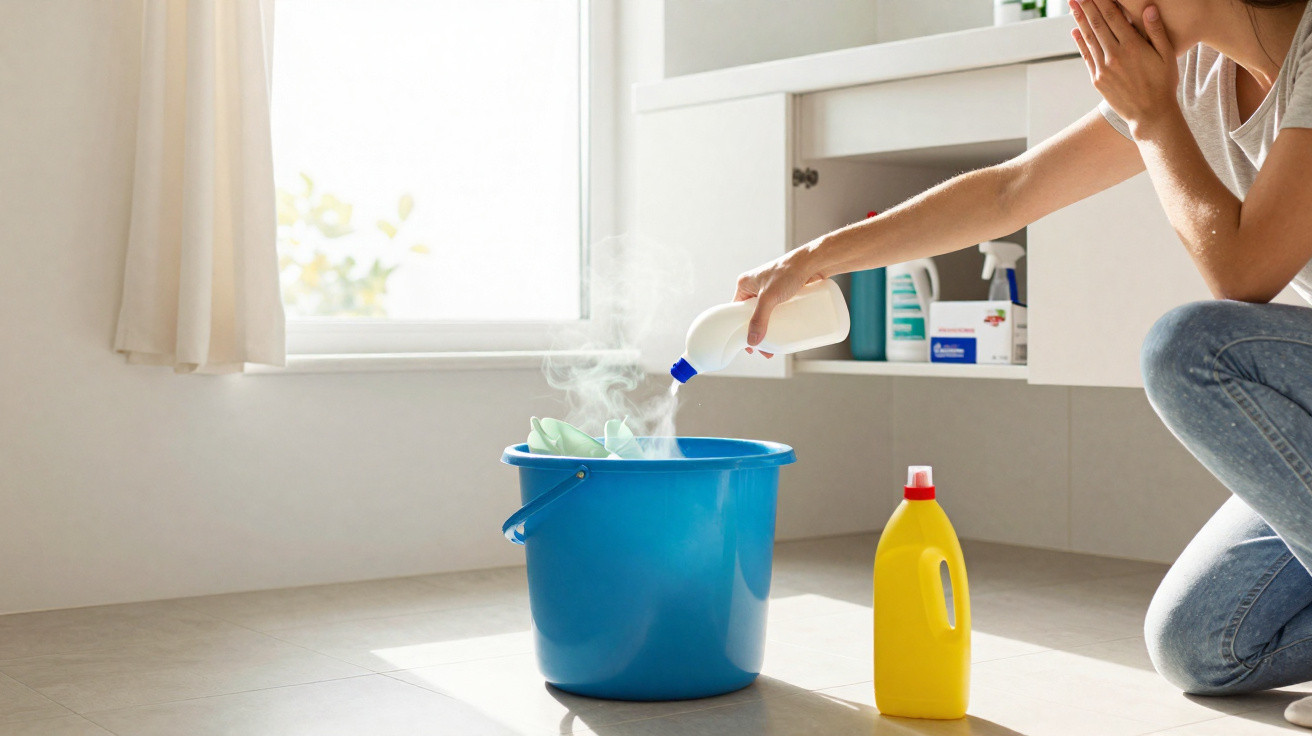 Person pouring bleach into a steaming blue bucket with cleaning cloths in a sunlit room next to a yellow bottle.