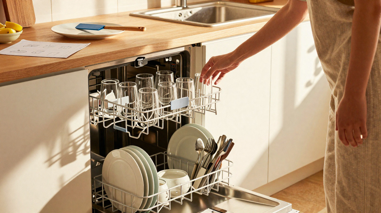 Person loading clean glasses and plates into a modern dishwasher in a sunlit kitchen.