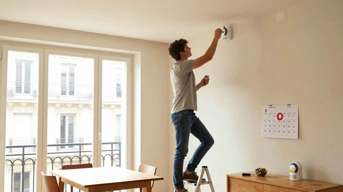 Man standing on a stepladder installing a smoke detector in a bright, modern dining room with large windows.