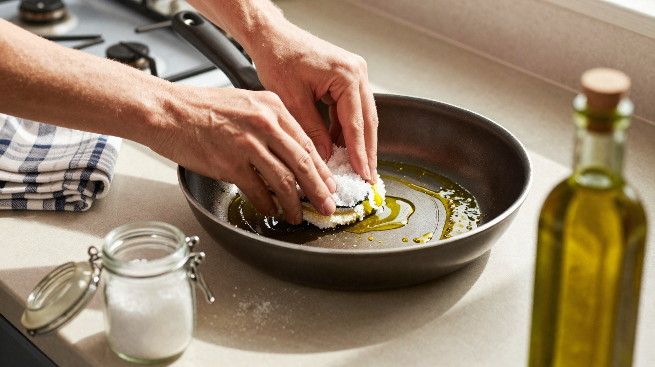 Hands coating a piece of food with salt over a frying pan with olive oil on a kitchen countertop.