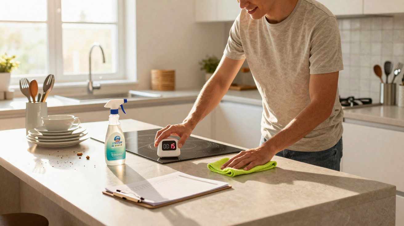 Person cleaning kitchen countertop with cloth and setting timer beside cleaning spray and dishes in bright kitchen.