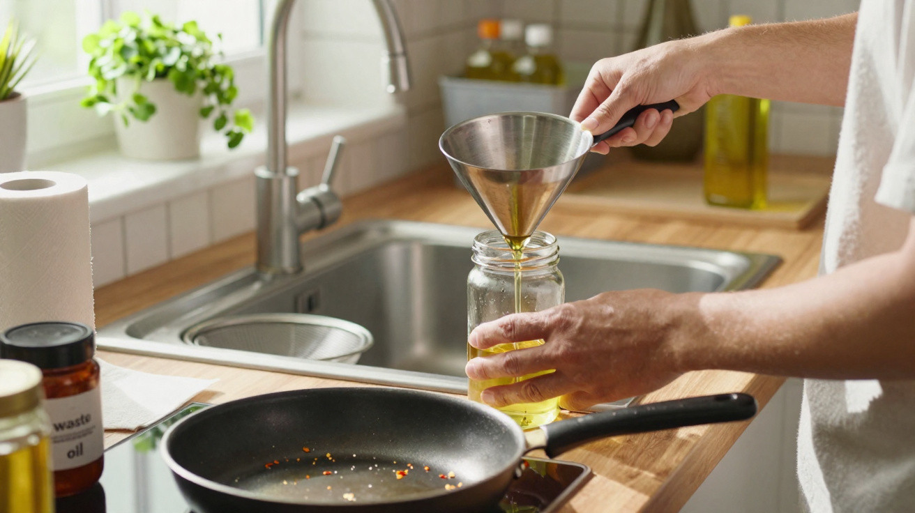Person pouring cooking oil through a funnel into a glass jar near a frying pan on a kitchen countertop.