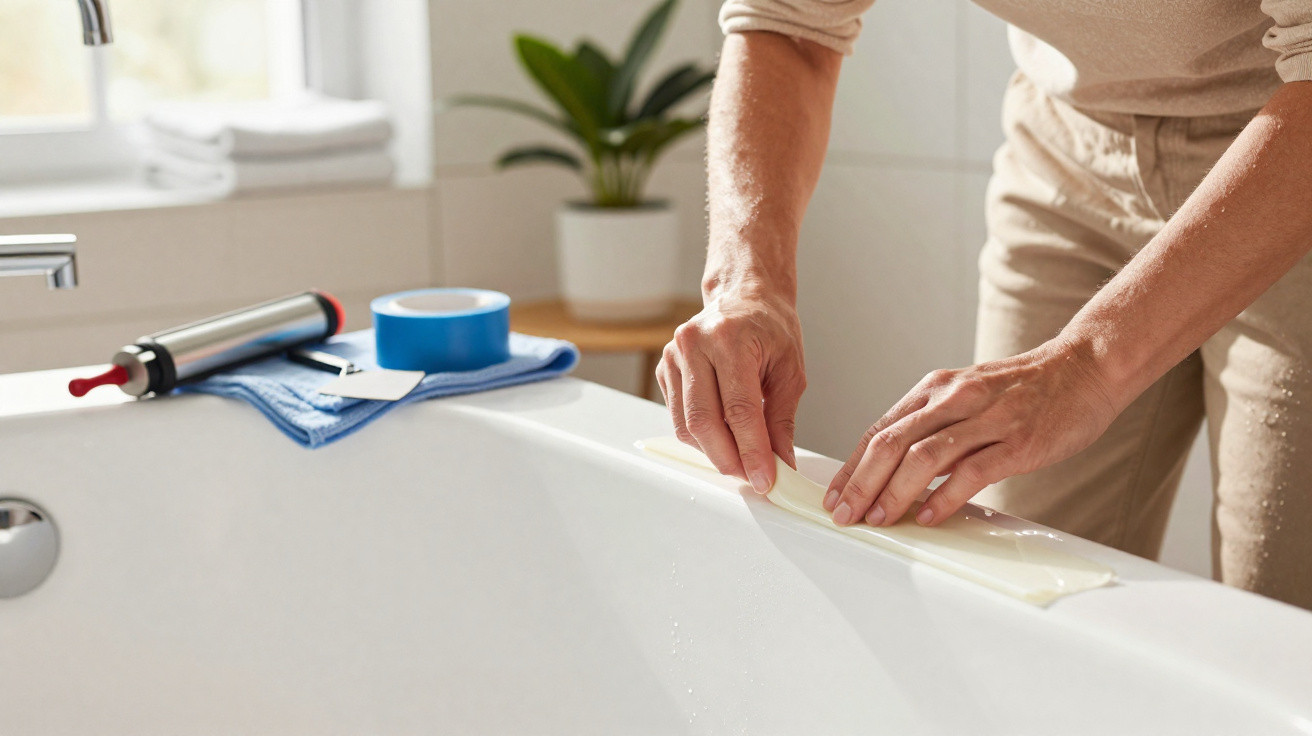 Person applying waterproof sealing tape to the edge of a white bathtub in a bright bathroom.