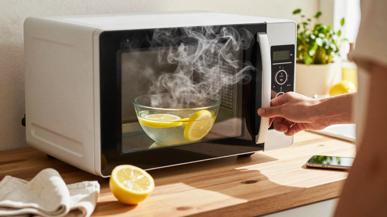 Person opening microwave with steaming glass bowl containing lemon slices inside on wooden countertop