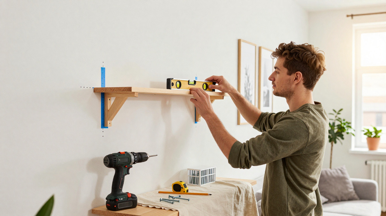 Man using a spirit level to check a wooden shelf mounted on a white wall in a bright room.