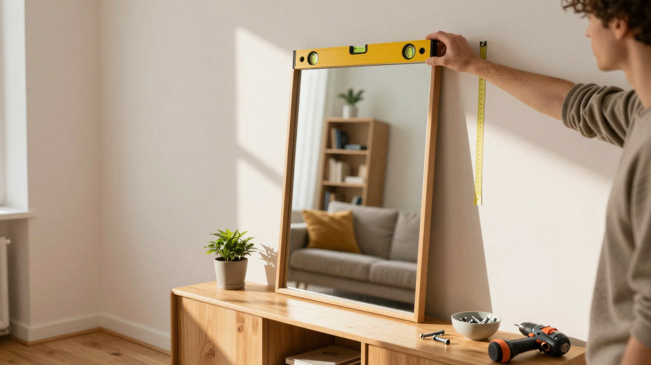 Person using a spirit level and tape measure to hang a wooden framed mirror on a beige wall above a sideboard.