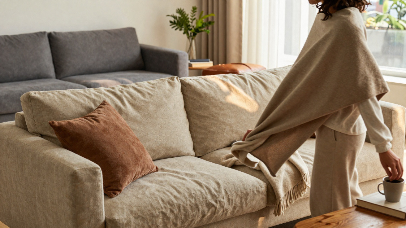 Person arranging a beige throw on a light brown sofa with a brown cushion in a sunlit living room.