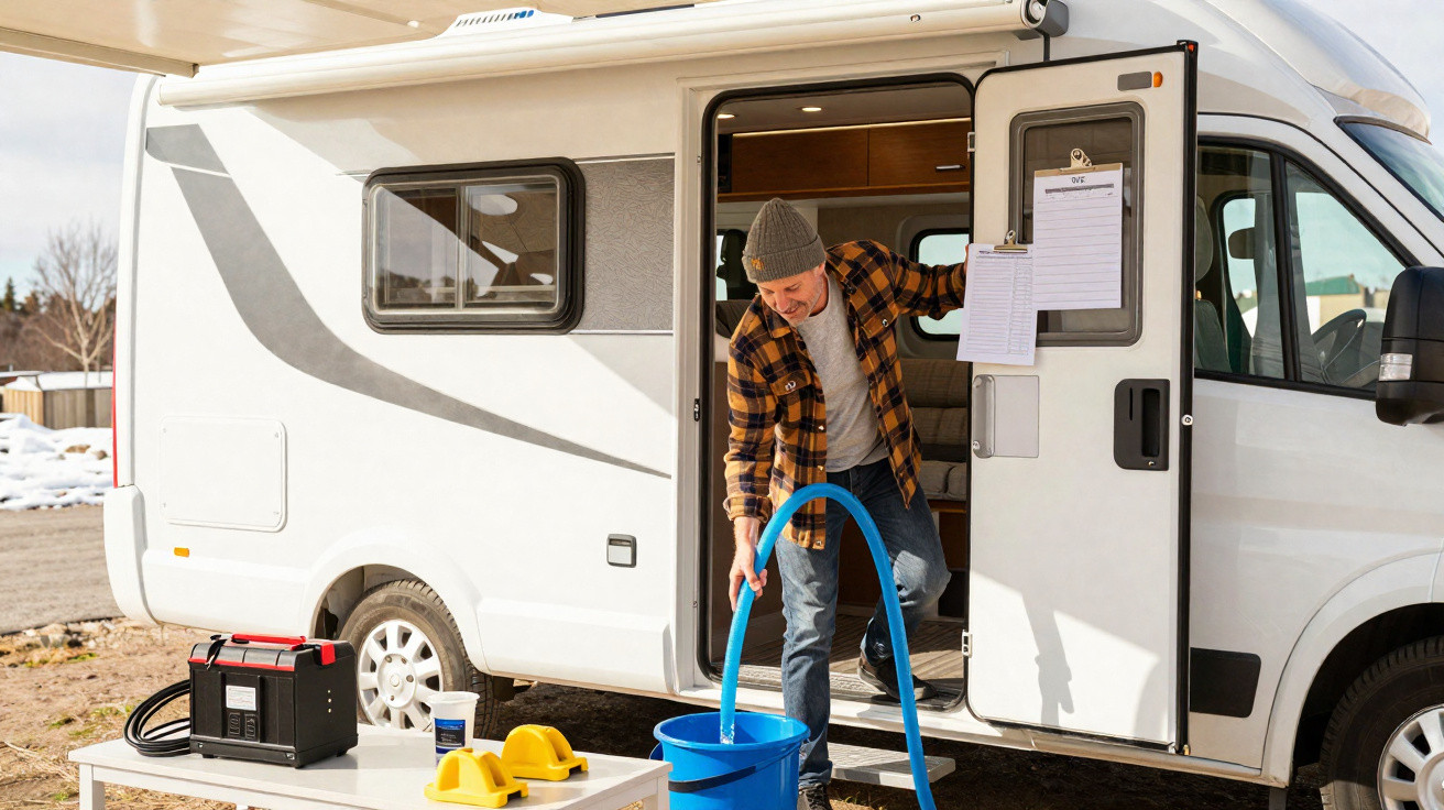 Man filling blue bucket with water from hose outside white camper van on a sunny day