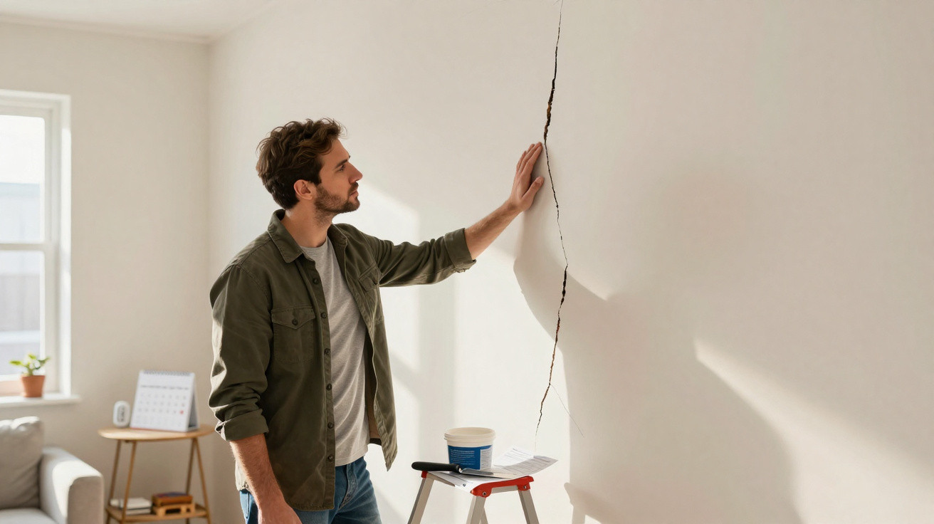 Man examining a large vertical crack on a white wall inside a living room with sunlight streaming in.