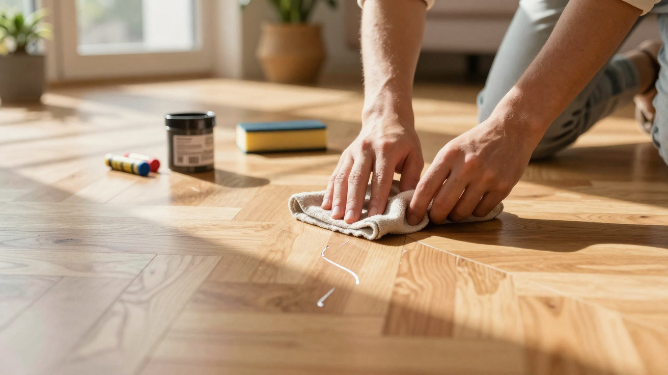 Person cleaning a wooden floor with a cloth to remove a white stain or spill in bright natural light.