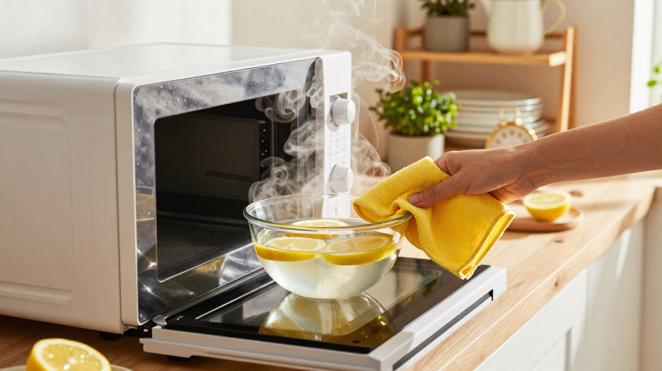 Hand holding a yellow cloth lifting steaming bowl with lemon slices from an open microwave in a kitchen.