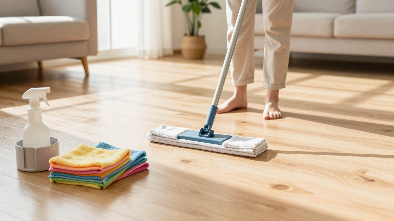 Person mopping a wooden floor in a sunlit living room with cleaning spray and cloths nearby.