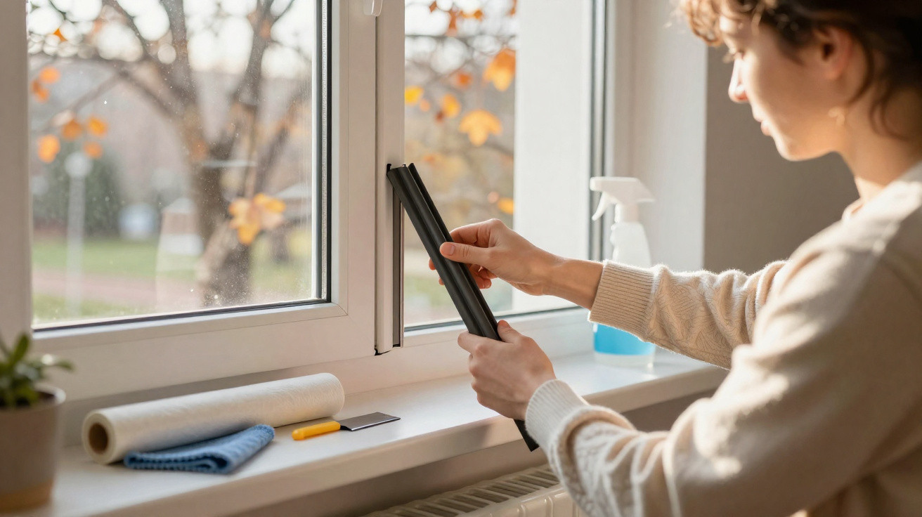 Person installing black window weather stripping on a white uPVC window with cleaning supplies nearby.