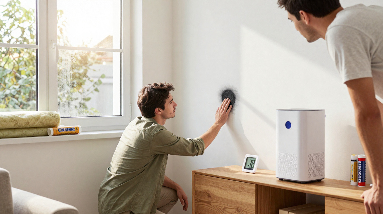 Man wipes a large black soot stain off a white wall while another man observes in a bright living room.