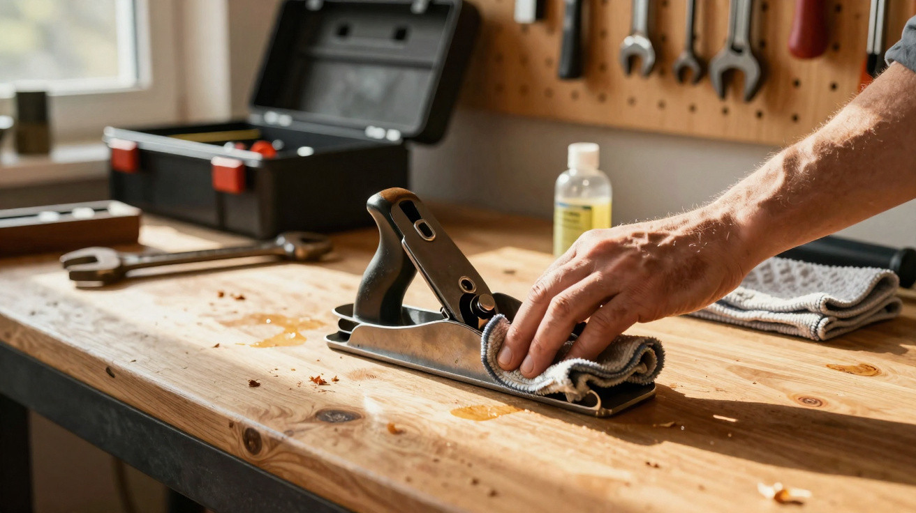 Person cleaning woodworking hand plane on a wooden workbench in a workshop with tools in the background.
