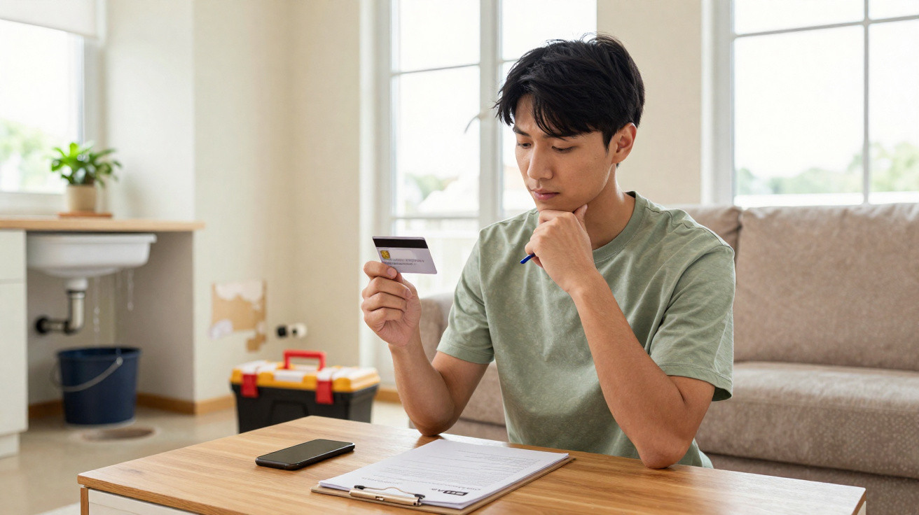 Man sitting at table holding credit card and pen, reviewing documents with phone nearby in bright living room.