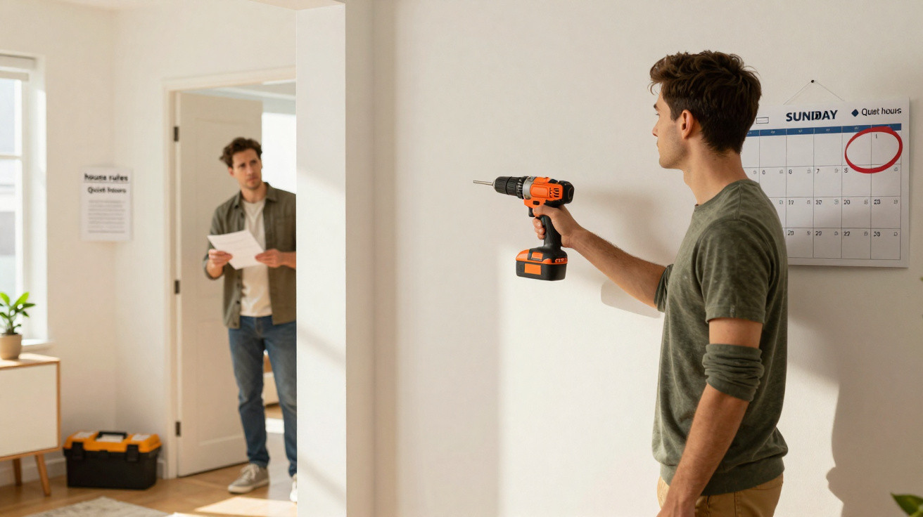 Man holding a cordless drill facing a calendar with a date circled, another man reading a paper in the background.