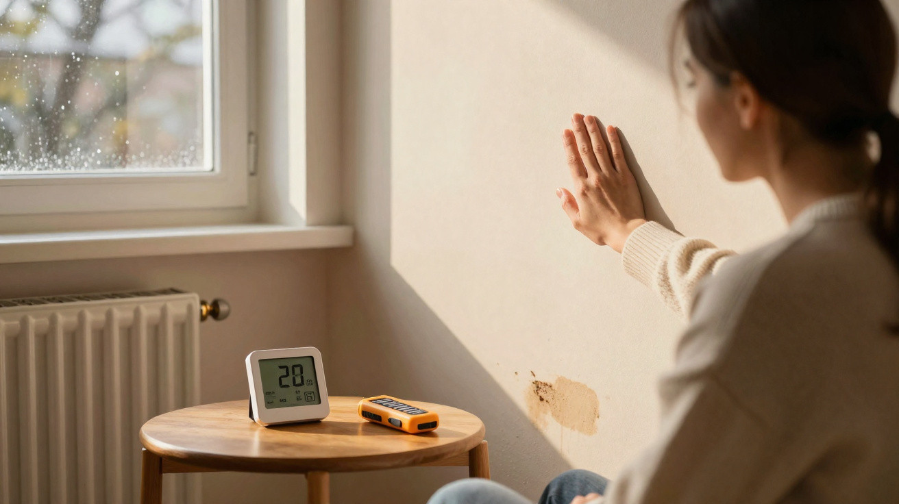 Woman touching a damp wall near a mould patch with a humidity meter and thermometer on a table nearby.