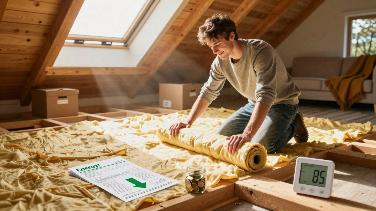 Man installing yellow insulation in attic with energy bill, coins jar, and digital thermometer visible nearby