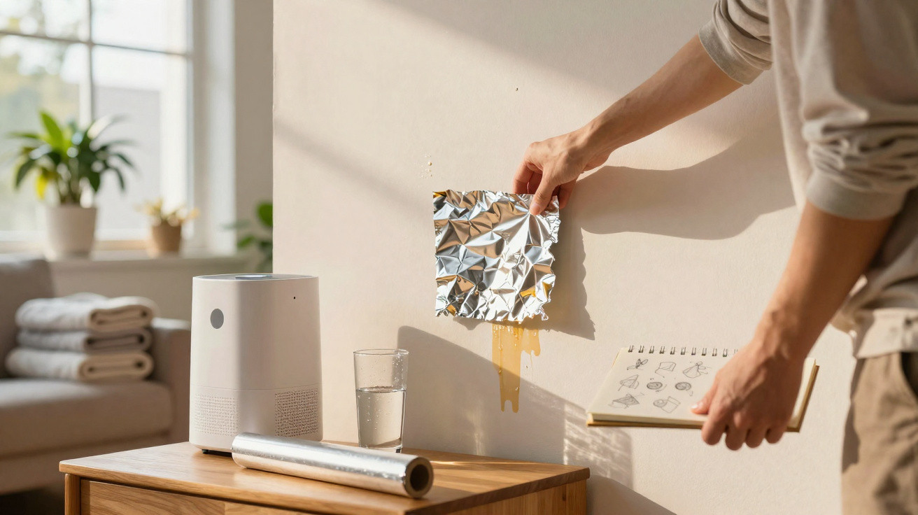 Person using aluminium foil to cover a wall stain, holding a notebook in a sunlit room with plants and folded towels.