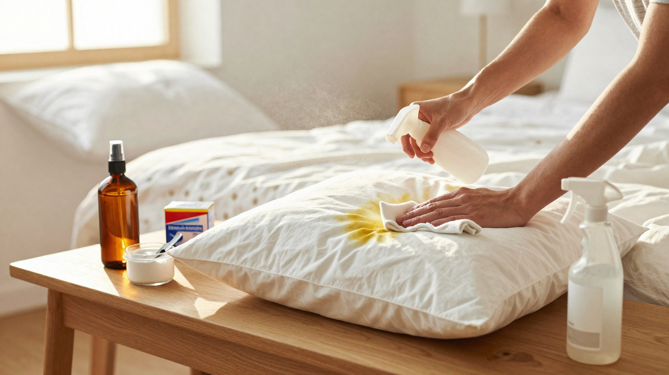 Person spraying stain remover on a yellow stain on a white pillow in a bright bedroom.