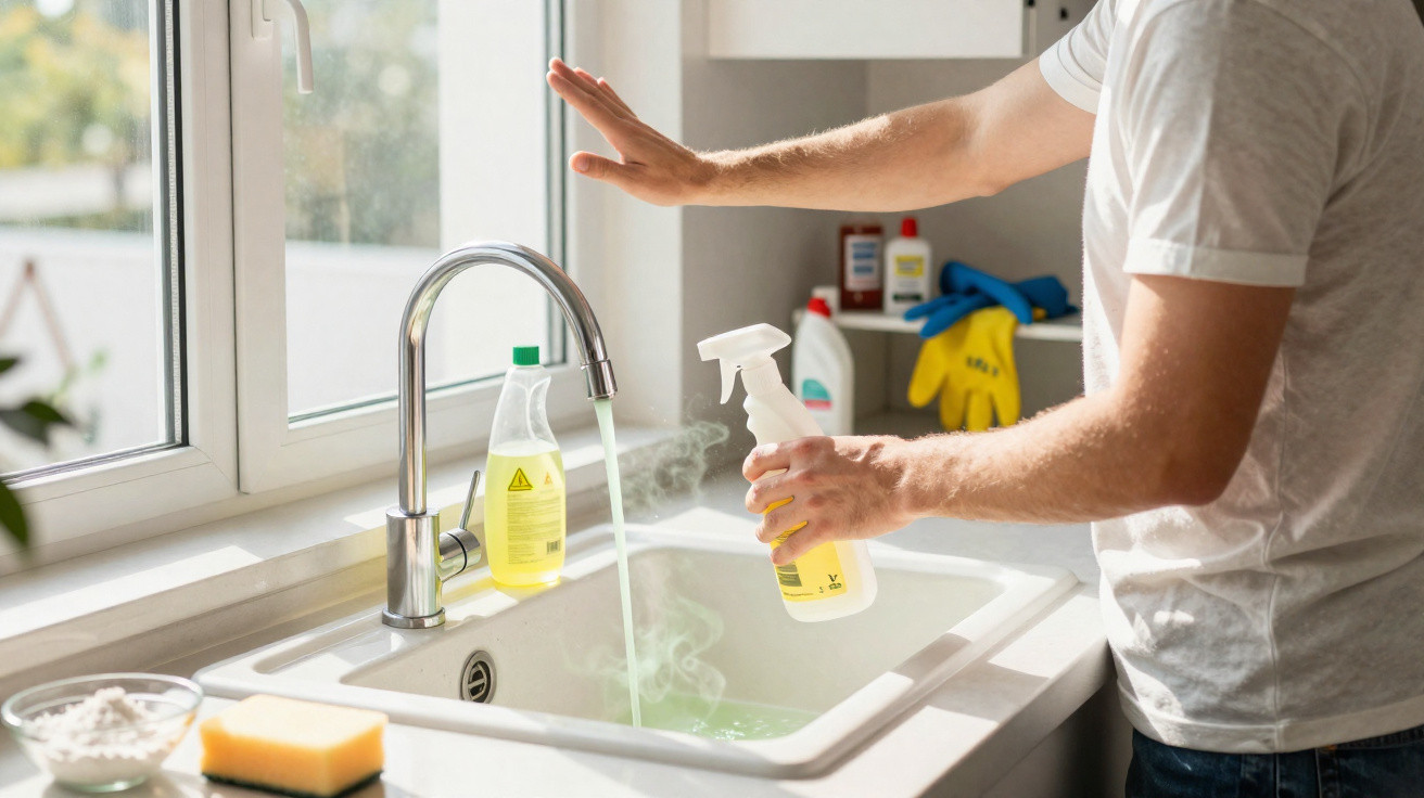 Person holding spray bottle under running tap water in kitchen sink with cleaning products nearby
