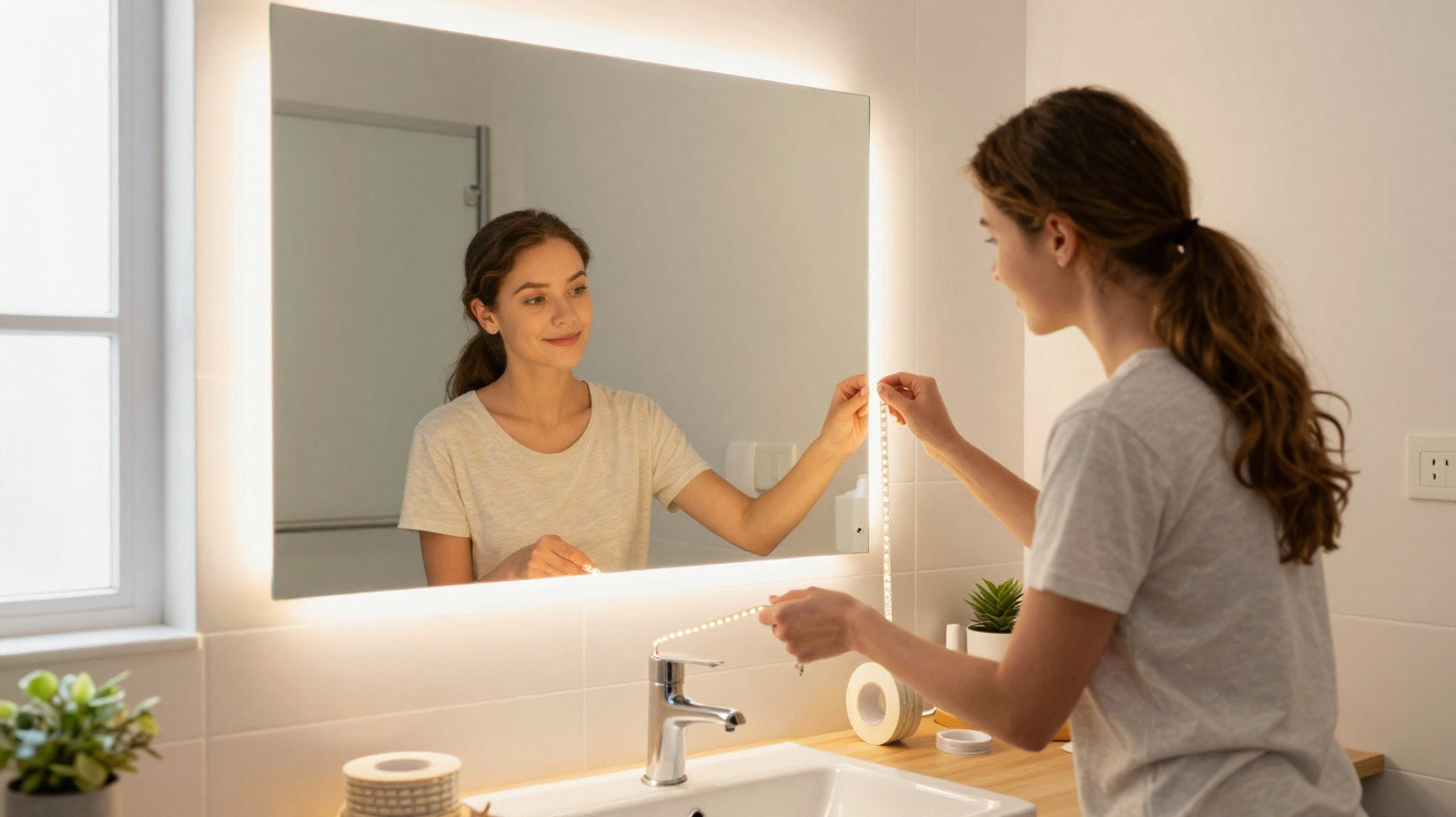 Woman holding LED strip lights installing around a bathroom mirror with a wooden countertop and plants.