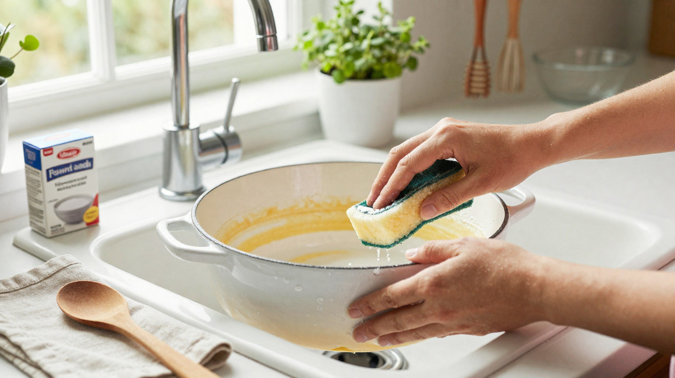 Person washing a large white pot in a kitchen sink with a sponge and mustard residue inside.