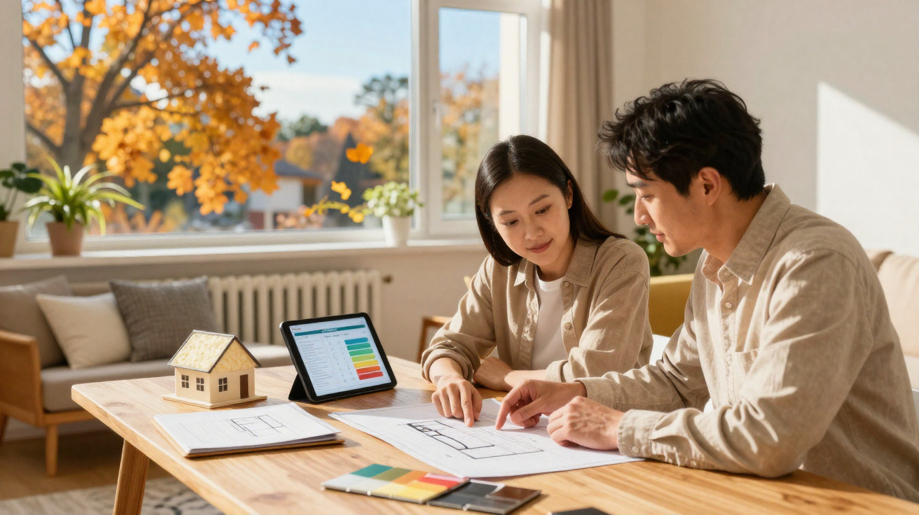 Couple discussing house plans and energy efficiency chart at a wooden table in a bright room.