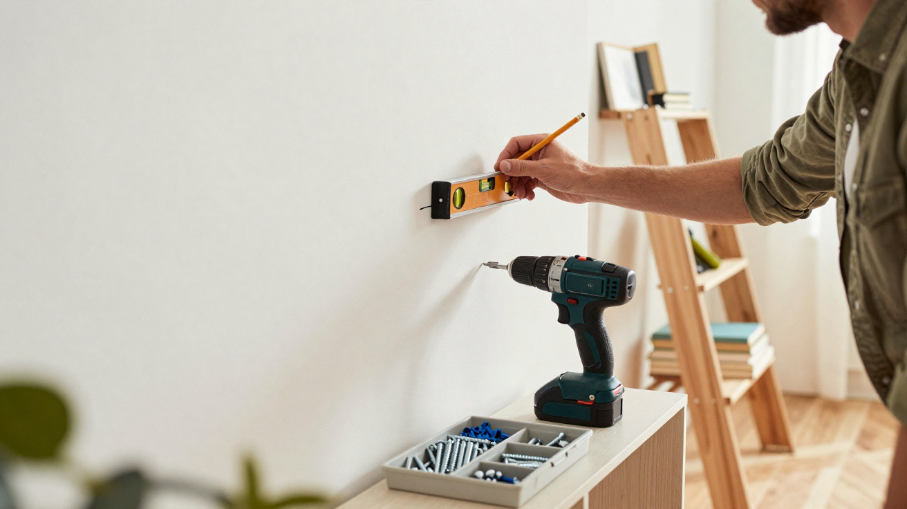 Man using a spirit level to mark a white wall for drilling with drill and screws nearby on cabinet.