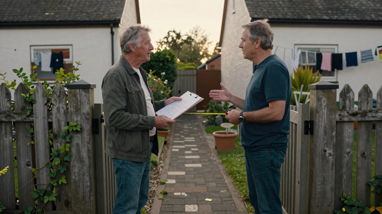 Two middle-aged men discussing measurements outside houses with a tape measure and clipboard between wooden fences.