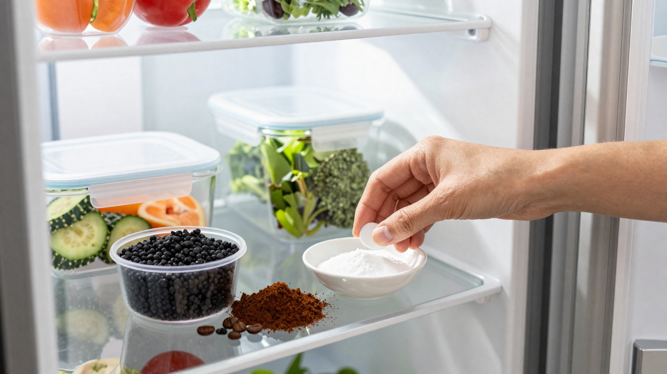Hand placing a white capsule into a small bowl with powder inside an organised fridge with vegetables and coffee grounds.