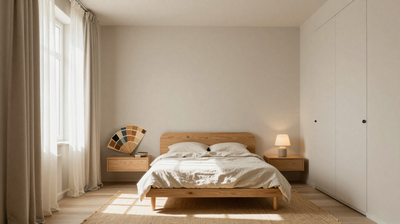 Minimalist bedroom with wooden bed, beige bedding, floating nightstands, lamp, colour samples, and natural light from window.
