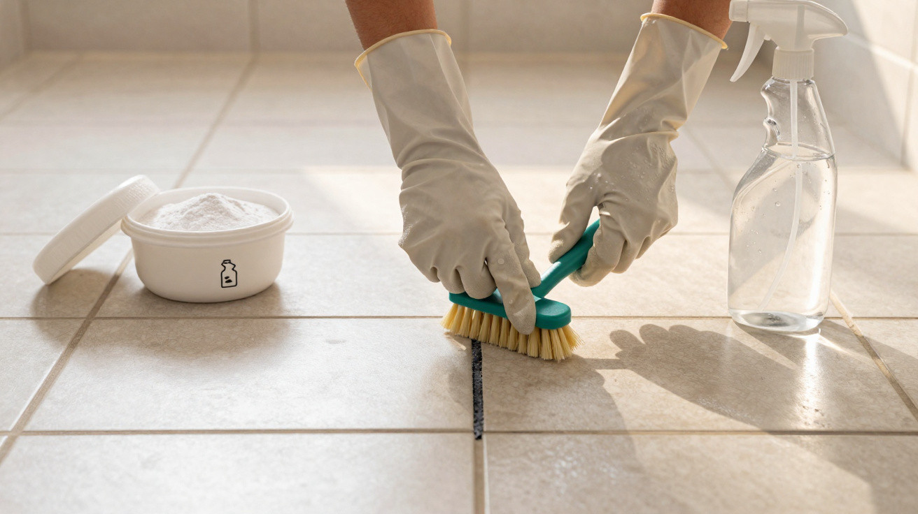 Hands in gloves scrubbing tile grout with a brush, next to a cleaning powder container and spray bottle.