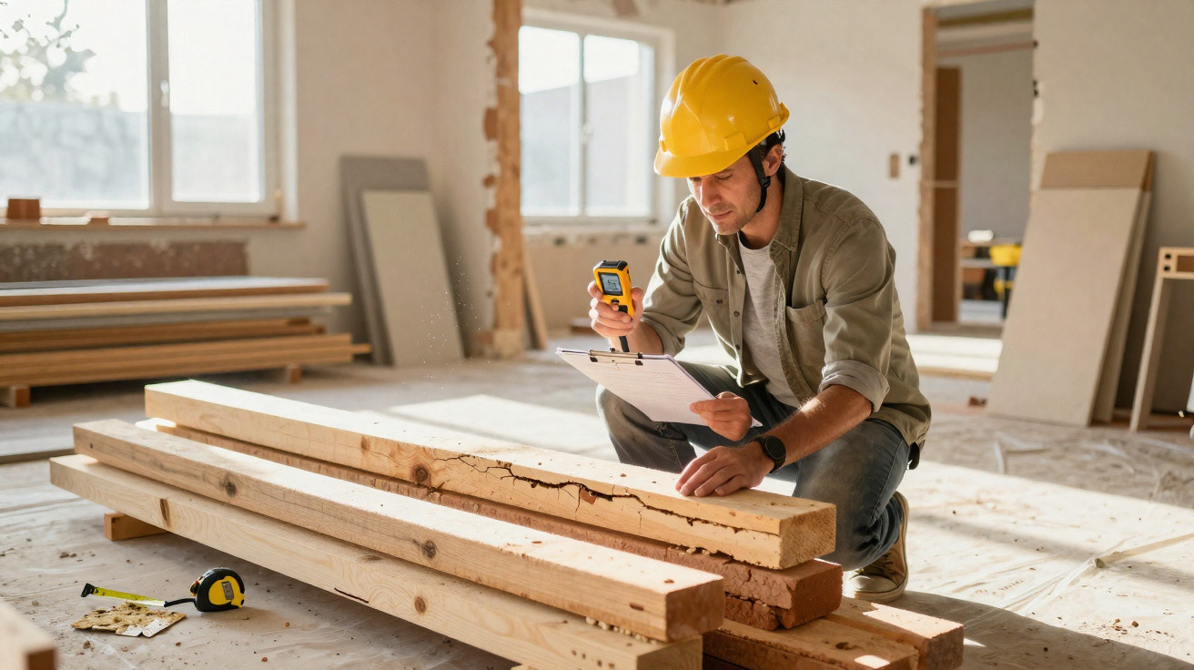 Construction worker in a yellow helmet inspecting and measuring wooden beams inside a building under renovation.