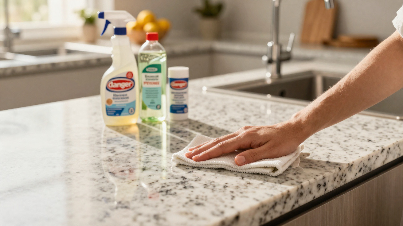 Hand wiping a granite kitchen countertop with a cloth, cleaning products in the background near a sink.